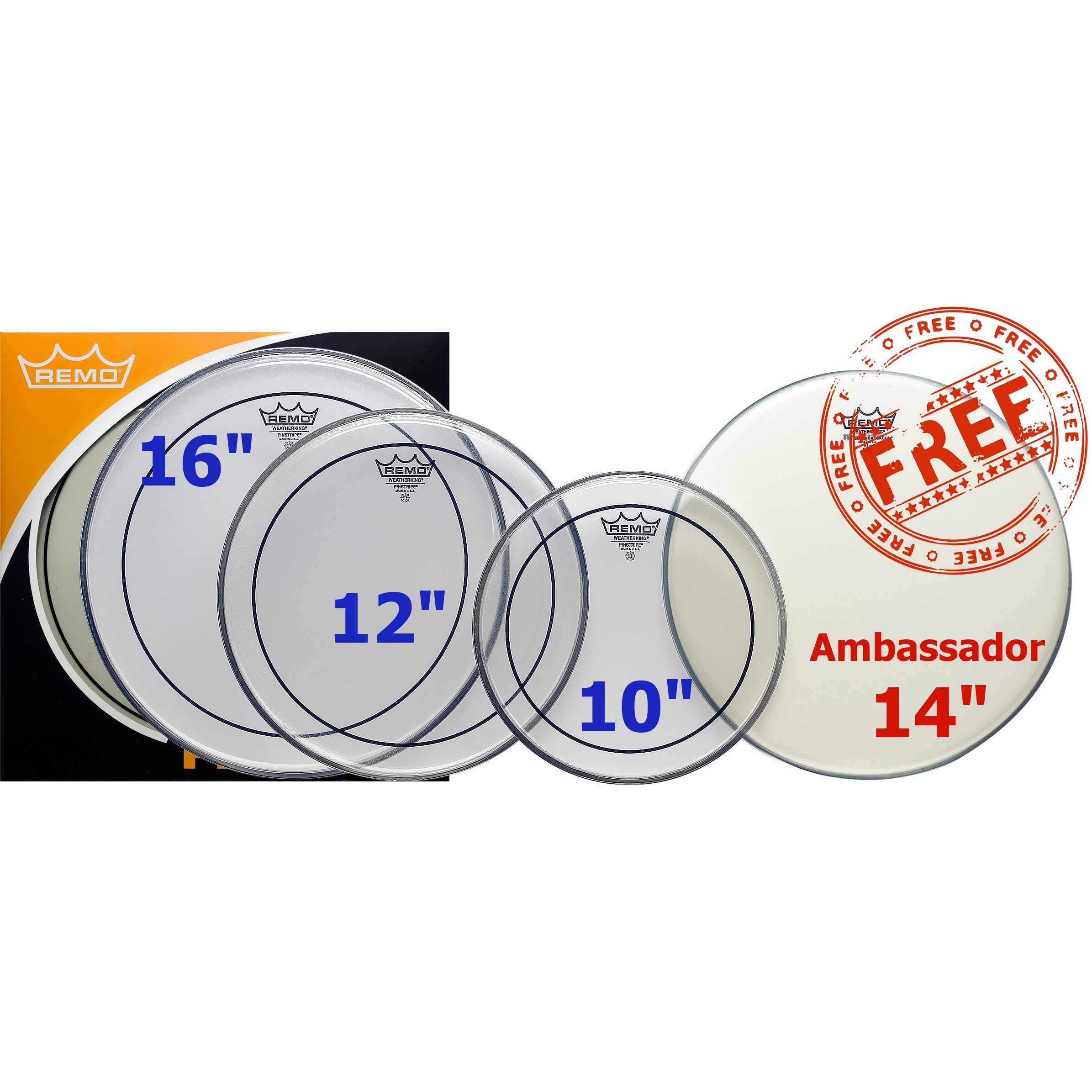 Remo ProPack Pinstripe Clear Drumhead Set - 10" 12" 16" + Free 14" Ambassador Coated