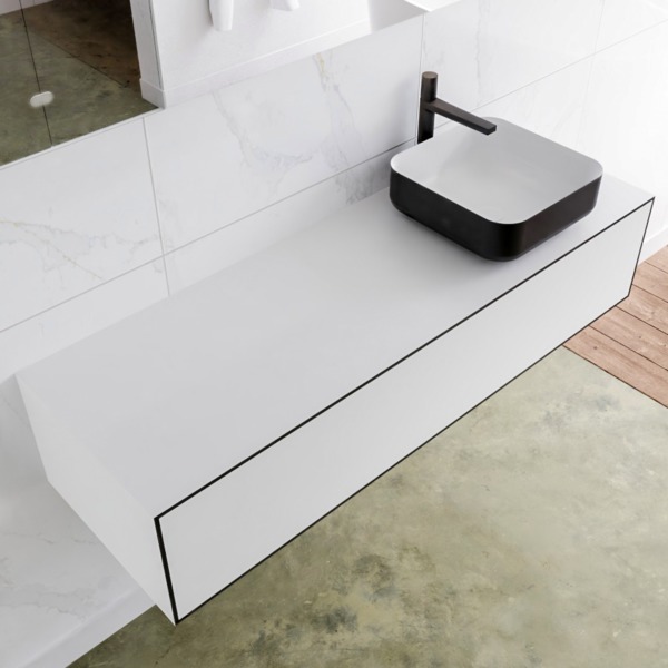 Mondiaz LAGOM 140cm badmeubel solid surface urban 1 lades Wastafel BINX opzetkom rechts 1 kraangat M64180UBM1M49904R