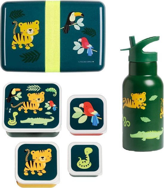 Back to school set - Drinkfles / 4 Snackdozen / Lunchbox - Jungle tijger - A Little lovely company