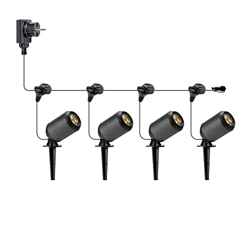 Xelloo Xelloo® tuinverlichtingsset JERO, 12 Volt, 4 stuks aluminium/PVC designarmaturen 1W LED warm wit met aardespies, IP44 en met schuifaansluiting, makkelijk en veilig zelf uw tuinverlichting installeren