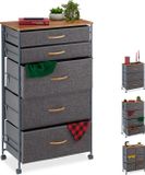 Merkloos Relaxdays Ladekast op wielen - 5 stoffen lades - houtlook - 96,5 x 58 x 30 cm - slaapkamer - grijs
