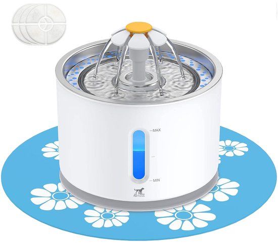 PetFriends Drinkfontein Kat / Hond met Spatmat en 3 Filters - 2.4 L - RVS - Kattenfontein – Waterfontein - Waterbak - Drinkbak