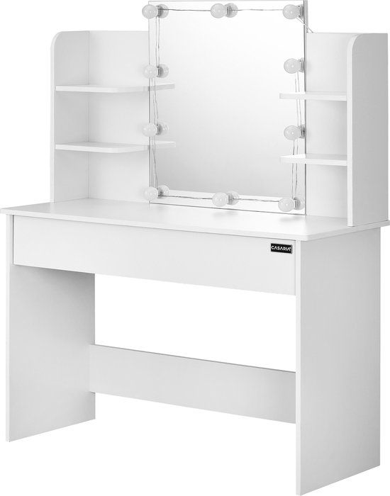 Casaria Make up tafel Lucia - Lade Spiegel LED 4 Planken 140x110 - Wit