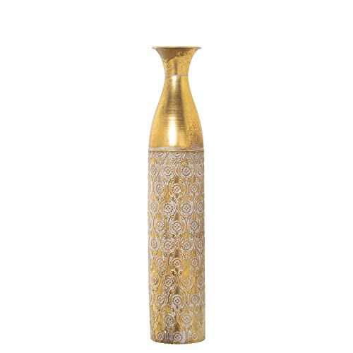 DRW Vloervaas - metaal - goud/wit - 14 x 71 cm
