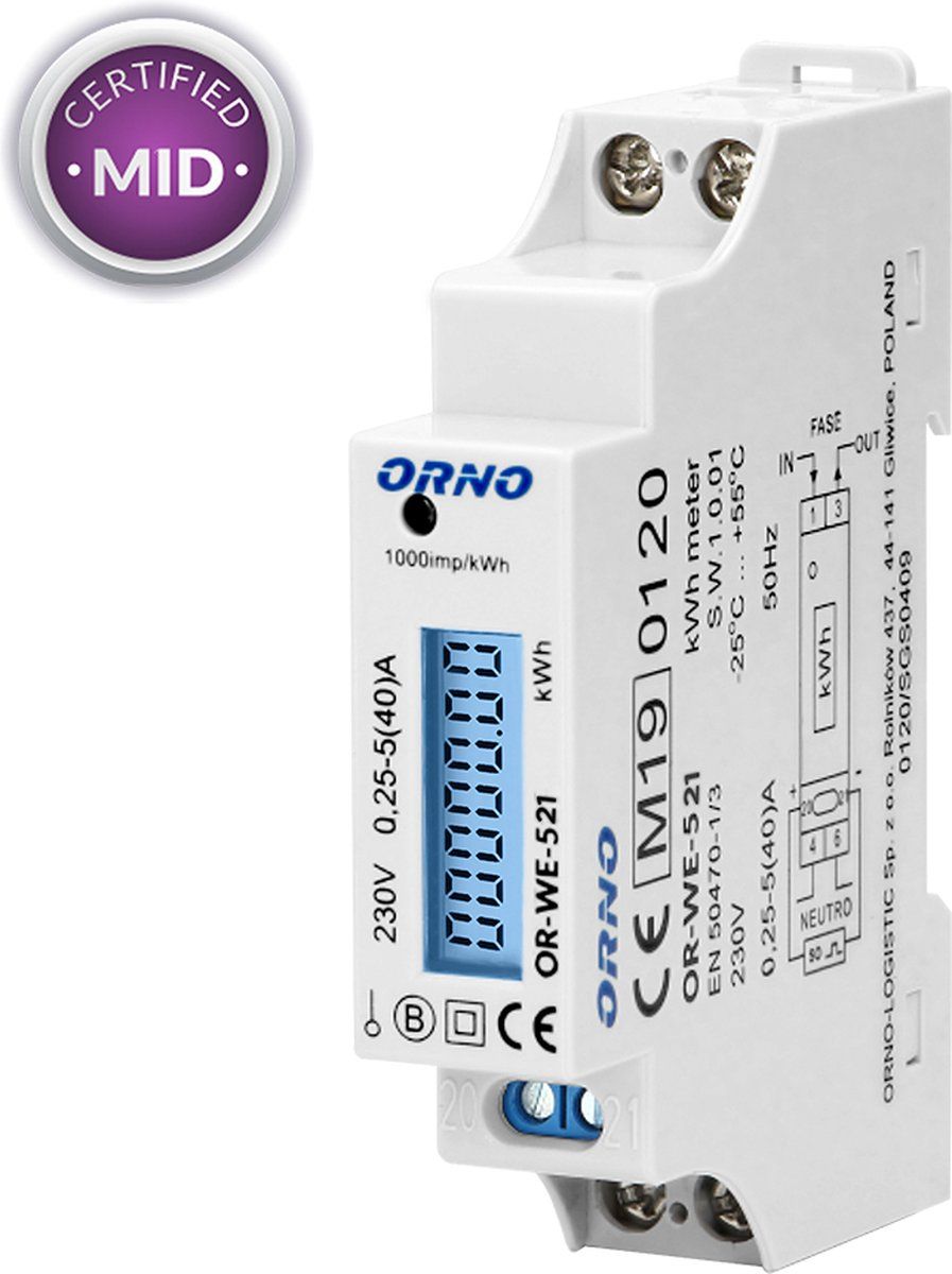Orno 1 Fase kWh Meter - Digitale LCD scherm - MID Gecertificeerd