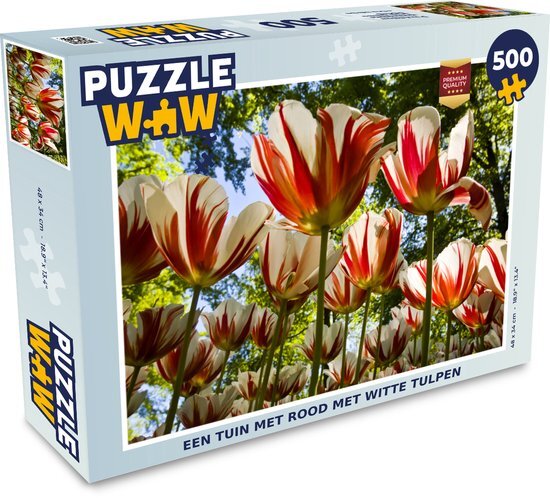 MuchoWow Puzzel Een tuin met rood met witte tulpen - Legpuzzel - Puzzel 500 stukjes