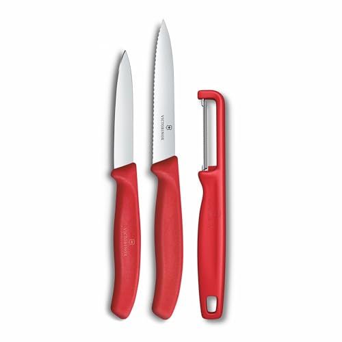 Victorinox Swiss Classic schilmesjesset met dunschiller, schilmesje en tomatenmes, 3-delig, extra scherp lemmet, rood