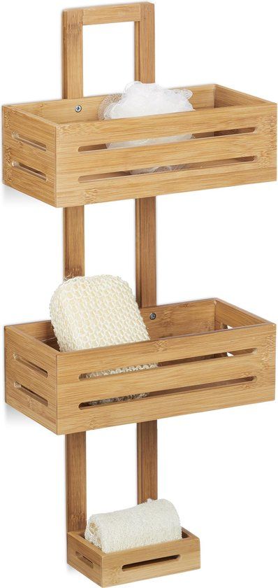 Relaxdays Bamboo Shower Shelf - Wall-Mounted Bathroom Rack with 3 Baskets