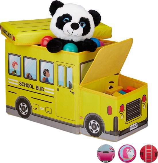 Relaxdays Speelgoedkist - opvouwbare poef - opbergkist speelgoed - kinderkamer - hocker School Bus geel