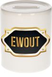 Spaarpot Ewout - wit - met goud/zwart embleem - 8 x 9 cm - keramiek - met afsluitdop - cadeau verjaardag
