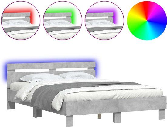vidaXL Bedframe met hoofdeinde en LED betongrijs 150x200 cm