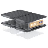 Rotho Core Plus, Opbergdozen 30 L, Set Van 4, Stevige Plastic Dozen Met Deksel En Afsluitbare Handgrepen, Voedselveilig, Modulair Stapelbaar, 59×39,5×18,5 Cm (L×W×H), Transparant, Zwart