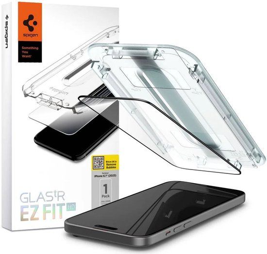 Spigen Screen Protector Geschikt voor Apple iPhone 15 - EZ Fit GLAS.tR - 9H Tempered Glass - Case Friendly - Gemakkelijke Installatie - Zwart 1-Pack