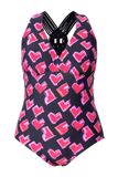 Ulla Popken Dames grote maten plus size badpak Laura, macramé, hartjes, zwart, 46