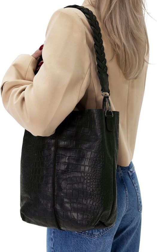 Manfield Zwarte leren shopper met crocoprint | Vrouwen
