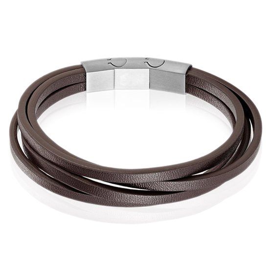 Mendes Heren armband Leer Edelstaal Verstelbaar Bruin Zilverkleurig