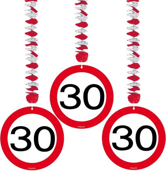 Folat - Hangdecoratie verkeersbord 30 (3 stuks) - Verjaardag - RoodWit - Papier