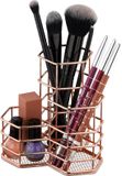 Relaxdays make-up kwastenhouder - 3 vakken - zeshoekig - 12,5 x 12 x 12,5 cm - metaal - bureau - roségoud