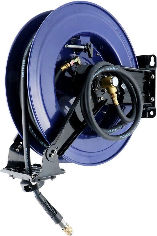 Airpress Luchtslanghaspel rubber | Binnen Ø 10 / Buiten Ø 16 mm | 3/8 buitendraad | 20 meter | 20 bar | Wandmodel | Zelfoprollend | Draaibaar | Met accessoires
