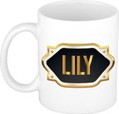 Bellatio Decorations Lily Mok / Beker met Gouden Embleem - Zwart Keramiek - 300 ml