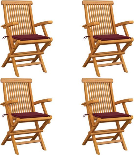 vidaXL Klapstoelen met wijnrode kussens, 4 stuks, massief teakhout