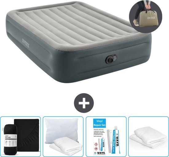 Intex Luchtbed - 2-Persoons - 152 x 203 x 46 cm - Grijs - Inclusief pomp - Hoeslaken - Kussen - Reparatieset en Kussenbeschermer