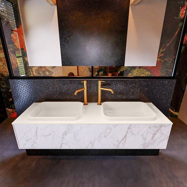 Mondiaz ERIN 150cm badmeubelset onderkast carrara met 1 lade + Wastafel RIDGE dubbel 2 kraangaten Linen