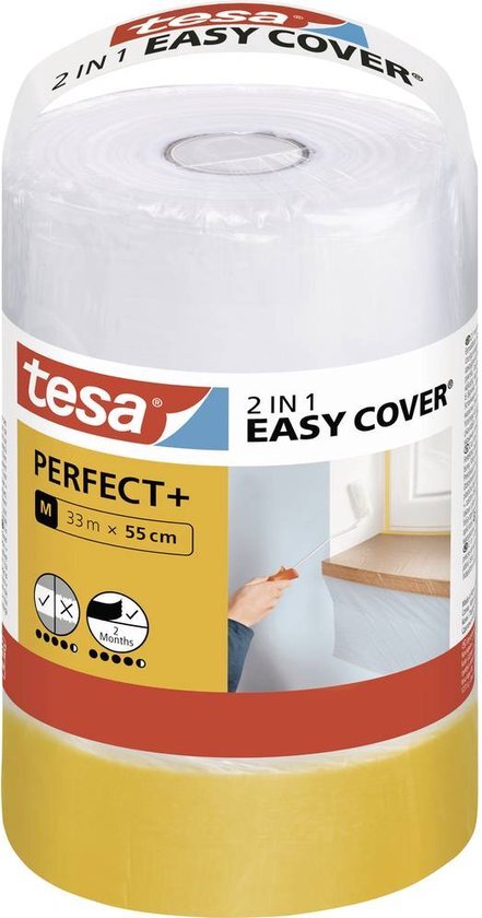 tesa Easy Cover Perfect+ Refill M - 2-in-1 schilderfolie met schildertape van Washi-papier - voor het afplakken en afdekken bij schilderwerk - 33 m x 55 cm