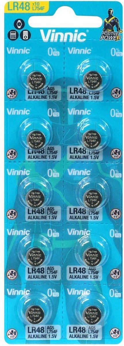 Vinnic Alkaline mini knoopbatterij Vinnic G5 / LR48 / AG5 blister van 10 stuks
