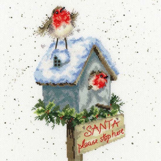 Bothy Threads Borduurpakket Santa Please Stop Here - Roodborstjes in de sneeuw
