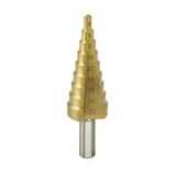 DEDRA trapboor 4-20 mm, HSS-staal, TiN-coating, cilindrische schacht (kerstboomvorm), 9 stappen, geschikt voor staal, non-ferrometalen en kunststoffen.