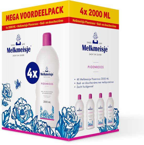 Melkmeisje Bad en Douche Crème Pioenroos - 4x 2000 ml - Voordeelverpakking
