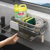 Merkloos Spoelbakorganizer met sponshouder - zwart roestvrijstalen afwasborstelhouder - vaatwasser-organizer voor keuken en badkamer - afvoerpan - grijs met Lijm, Geen boren