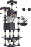 Hoppa! Kattenboom - Krabpaal - 206cm hoge krabpaal met 13 krabpalen, 1 krabhelling, 2 platforms, 2 grotten, mand, hangmat, pompons, kattenkrabpaal met meerdere niveaus voor grote katten, rookgrijs, 55,5 x 46 x 206 cm (L x D x H)