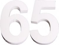Merkloos Piepschuim cijfer 65 jaar - H25 cm - wit