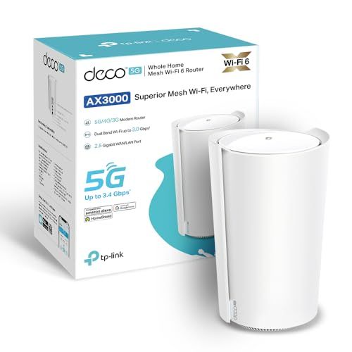 TP-Link Deco X3000-5G router met 5G Mesh WiFi 6, AX3000Mbps dual band, ultrasnelle modem tot 3,4 Gbit/s, WAN/LAN-aansluiting 2,5 Gbit/s, Alexa, Plug & Play