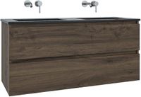 Saniclass Chaci Badkamermeubelset - 120x45x55cm - keramische wastafel mat zwart - 2 wasbakken - zonder kraangaten - 2 lades - mat noten