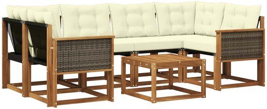 vidaXL - Hoek loungeset - 6 zitplekken - Acacia hout - Natuurlijk en crème