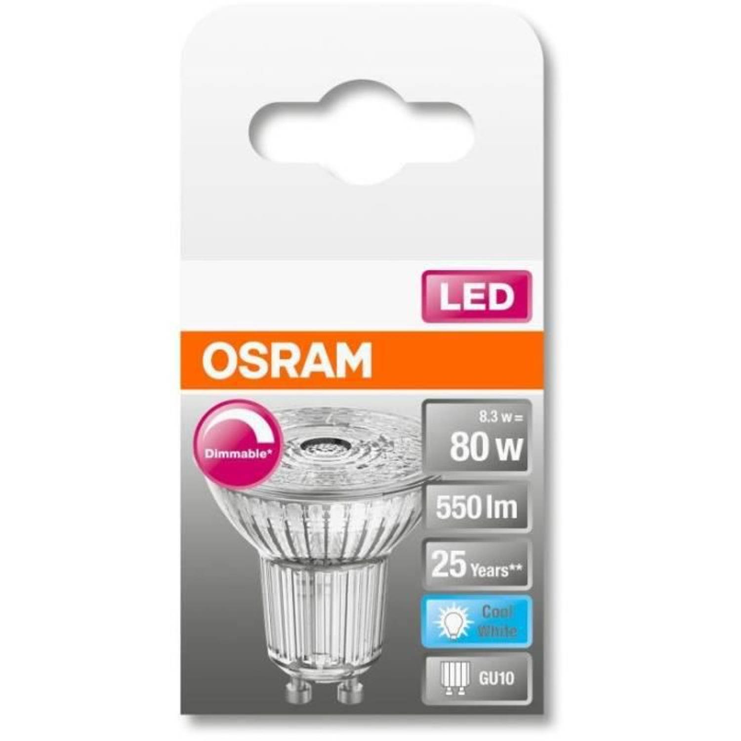 Osram spot par16 led 36 ° variabel glas - 8,3w equivalent 80 gu10 - koel wit