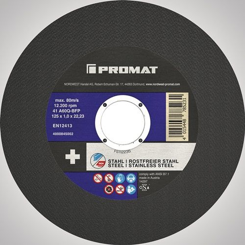Promat/Tecwerk Doorslijpschijf D125x1mm recht RVS/staal gat 22,23 mm - 4000845002