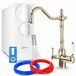 Ari Retro 2 Système de filtration d'eau avec robinet de cuisine, 800 GPD, laiton doré, 3 voies, pivotant à 360°, cartouche en céramique, aérateur, robinet à deux leviers, sans réservoir