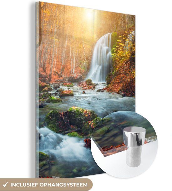 MuchoWow® Glasschilderij 120x160 cm - Acrylglas Schilderij - Waterval - Zon - Herfst - Foto op glas - Modern
