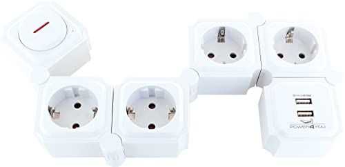Schwaiger - 660074 - Flexibele stekkerdoos 6-voudige Schuko (max. 3680 W), 2X USB, verplaatsbare stekkerdoos met AAN-UIT schakelaar, 1,5 m kabel, stekkerdoos wit