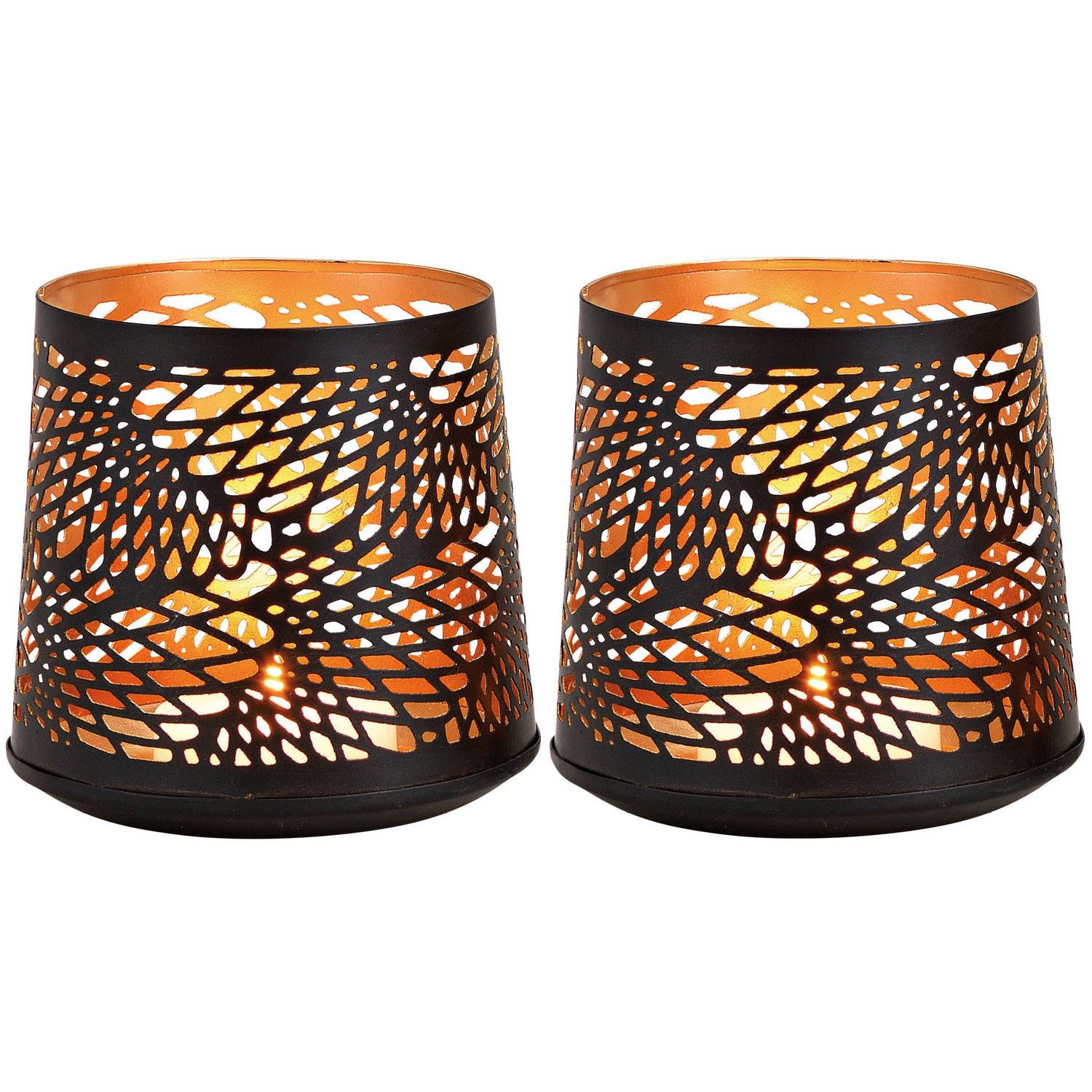 - 2x theelichthouders/waxinelichthouders windlichten zwart/goud abstract vleugel patroon 13 cm - waxinelichtjeshouders