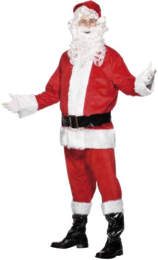 Smiffys Kerstman Santa Kostuum Velour Compleet met Baard Riem en Laarskappen Maat M