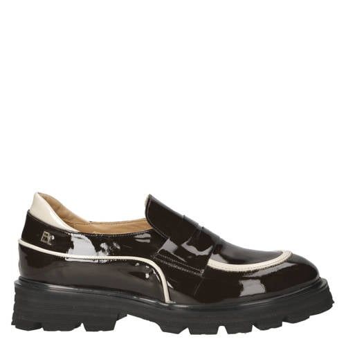 Babouche donkerbruin/ecru chunky lakleren loafers met profielzool