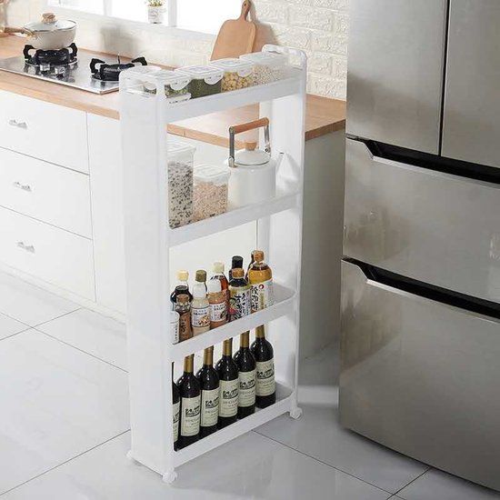 Smal Decopatent® Smal Keukenrek opbergrek 4 laags op Wieltjes met Vakken - Wit - 115.5 cm. Hoog