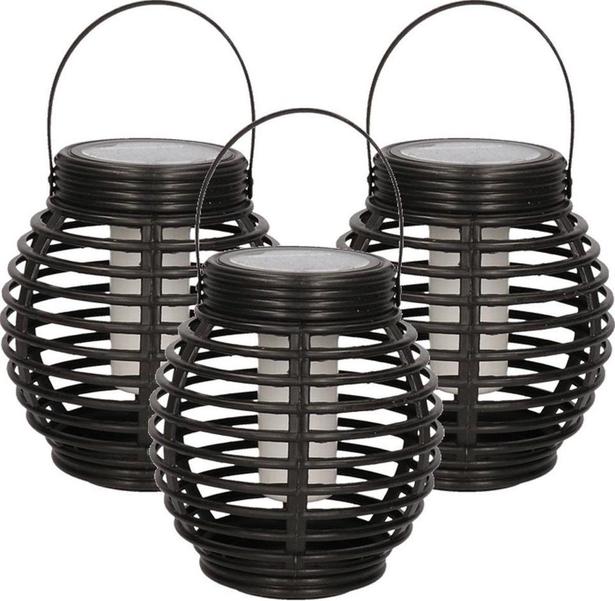 Anna's Collection 3x Zwarte ronde solar lantaarn met vlam effect 15 cm - Tuinverlichting - Solarlampen op zonne-energie