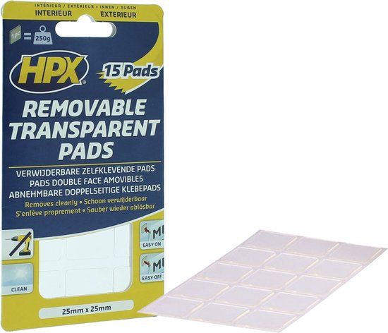 HPX Dubbelzijdige verwijderbare transparante pads - 15 stuks - 25mm x 25mm - Wit