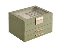 JOYFURNOS Boîte à bijoux avec couvercle en verre – Vert Sauge & Or, 3 niveaux, 2 tiroirs, organiseur de rangement moderne, taille 20,3 x 23,1 x 13,5 cm – excellente idée cadeau